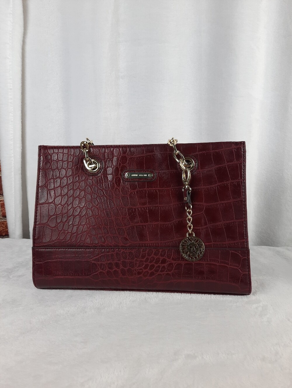 Anne Klein Croc-Embossed Burgundy Tote with Gold Chain Detail